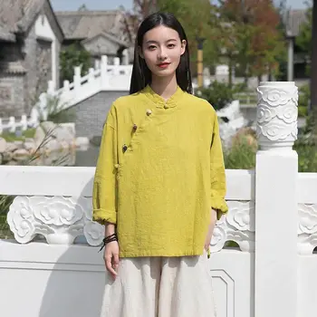 2023, улучшенные костюмы в китайском стиле, блузка, рубашка из хлопка и льна, удобная женская рубашка, свободный весенне-летний чайный арт-топ