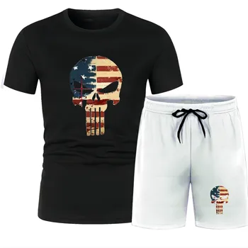 Four Seasons модный уличный принт с черепом, повседневная спортивная футболка для взрослых мужчин с коротким рукавом, пляжный брючный костюм, быстросохнущий свободный