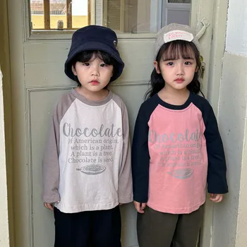 Весенне-осенние детские хлопчатобумажные футболки с рукавами реглан для мальчиков и девочек, свободные футболки с буквенным принтом