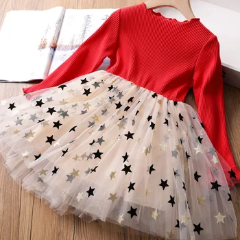 Детское зимнее платье для девочек, платья принцесс с длинными рукавами и звездами, расшитые блестками, Детская хлопчатобумажная рождественская одежда