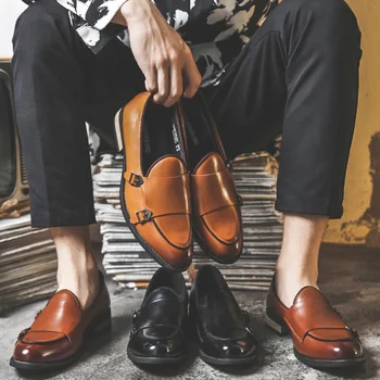 Мужские модельные туфли из натуральной кожи с двойными пряжками, Лоферы без застежки с монашеским ремешком, Модная мужская деловая официальная обувь в британском стиле