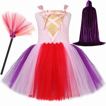 Фокус-покус Костюм ведьмы для девочек на Хэллоуин, карнавальные вечерние платья, накидка-метла, детское нарядное платье принцессы-пачки сестер Сандерсон