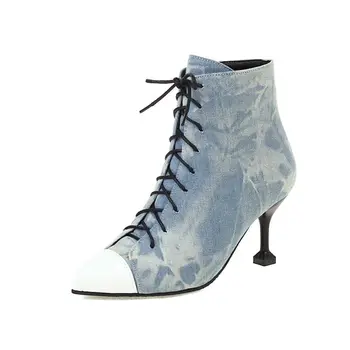 Женские ботильоны 2023, Зимние пикантные туфли на высоком каблуке-шпильке с острым носком, на шнуровке, Большие синие женские туфли из денима, Большие размеры 40-48, Прямая поставка