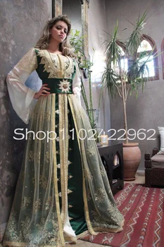 Зеленый кафтан Хантер, Марокканские платья для выпускного вечера, мусульманское вечернее платье Такчита с длинным рукавом, кружевная аппликация из бисера, наряд для вечернего платья
