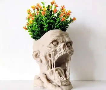 Кашпо - Горшок с изображением бюста зомби, Цветочный горшок с лицом, Кашпо, горшок для суккулентов, Страшная и темная готическая скульптура (Белая) Растения