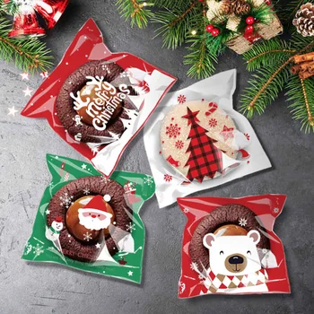 100шт Пластиковых пакетов для рождественских конфет, печенья, самоклеящихся Рождественских бисквитов, упаковочных пакетов для закусок, новогодних сувениров Noel Navidad