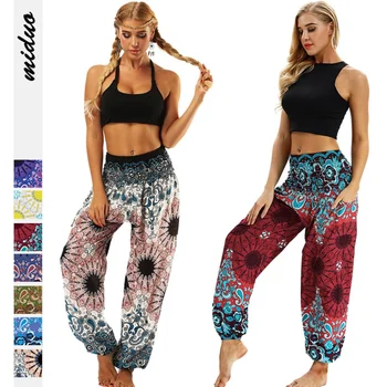 Женские брюки для йоги, Свободные Удобные брюки, Многоцветный Ретро-Богемный Геометрический Цветочный принт, Широкие брюки, шаровары для отдыха