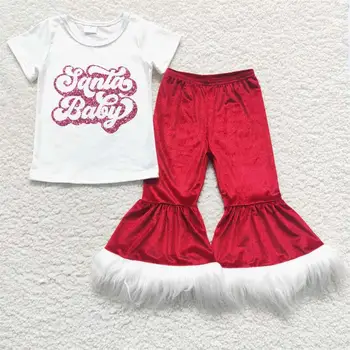 Оптовая Продажа, Детские рубашки Санта Клауса с короткими рукавами, Рождественский комплект, одежда для маленьких девочек, Детские Красные бархатные Меховые брюки-клеш, Одежда