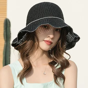 Кепка с широкими полями, женская Повседневная Складная Солнцезащитная шляпа для путешествий, однотонные пляжные шляпы для отдыха на открытом воздухе, Рыбацкая шляпа с жемчужным цветком