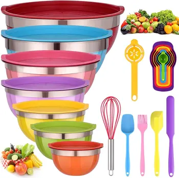 Чаши с крышками для кухни - 26 шт., разноцветные чаши для смешивания из нержавеющей стали, набор для выпечки, перемешивания, сервировки и приготовления блюд,