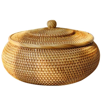 Круглая ротанговая коробка, плетеная корзина для фруктов с крышкой Хлебница Лоток Корзина для хранения Ивовая плетеная корзина для хлеба, закусок