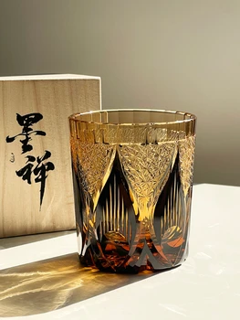 Хрустальный бокал японской огранки Эдо, бокал с пламенем золотой хризантемы, бокал для виски ручной работы, винтажное изделие ручной работы