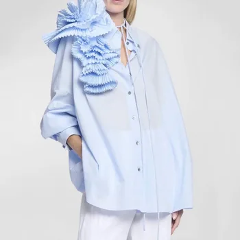 3D Плиссированный цветочный дизайн, сплайсированные рубашки с длинным рукавом для женщин, свободные однотонные блузки, Весенняя новинка 2023, модная одежда