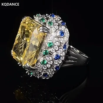 KQDANCE Роскошное Серебро 925 пробы С прямоугольником 14*16 мм, 16-каратный Желтый камень, Кольцо с высокоуглеродистым бриллиантом для женщин, Изысканные ювелирные изделия