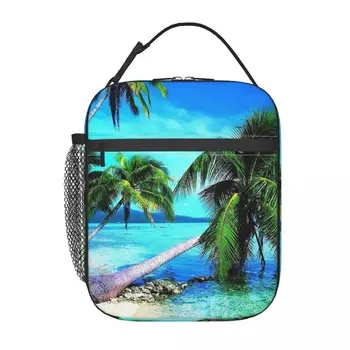 Тропические пальмы, темно-синий океан, школьная сумка для ланча, Оксфордская сумка для ланча, для офиса, путешествий, кемпинга, термоохладитель, ланч-бокс