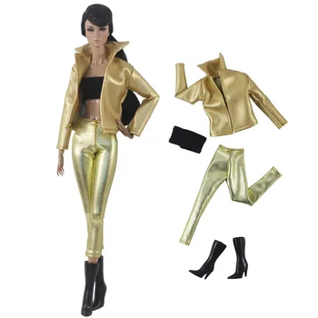 Модное золотое кожаное пальто, куртка, топ, обтягивающие брюки, Сапоги, комплект одежды для куклы Барби, наряды для куклы Барби 1/6, аксессуары для кукол