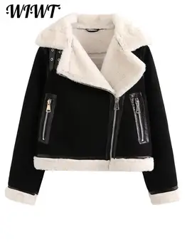 Женская короткая куртка с искусственным мехом, Осень 2023, повседневные утепленные теплые зимние пальто с длинным рукавом, женские шикарные уличные куртки