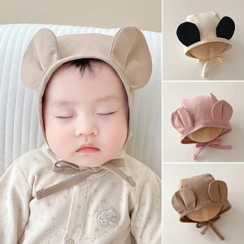 Милая шапочка для новорожденных, однотонная шапочка для защиты ушей ребенка, Мягкая хлопковая шапочка-ушанка для малышей, Весна-осень