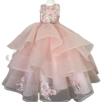 Платья в стиле ретро для девочек с цветочным узором, аппликация, Пушистый тюль Для свадеб, Красивое Многоуровневое детское праздничное платье для Первого причастия, Прелестная маленькая девочка