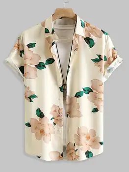 Рубашка для мужчин с цветочным рисунком, блузки с короткими рукавами, воротник-стойка, шелковые рубашки для отпуска, повседневные уличные топы