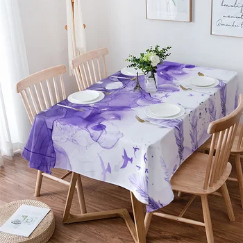 Фиолетовая акварельная скатерть с перьями, водонепроницаемая для обеденного стола, Прямоугольная круглая скатерть, домашний текстиль, Украшение кухни