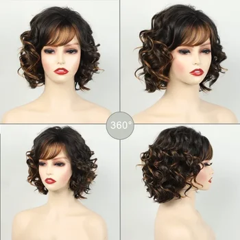 Градиентный коричневый кудрявый волнистый парик с челкой, коротковолновый кудрявый парик для женщин из натуральных синтетических коротких волос