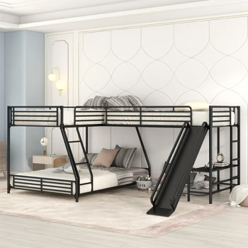 Двухъярусная кровать Twin over Full с кроватью-чердаком Twin Size, встроенным письменным столом и горкой, черный