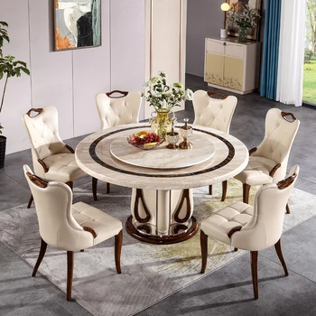 Роскошный мраморный круглый стол, сочетание обеденного стола и стула в европейском стиле, бытовой круглый стол с поворотным столом