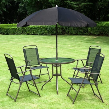 Черный обеденный набор для патио из 6 предметов на 4 персоны с зонтиком, 4 складными обеденными стульями и круглым стеклянным столом для сада, заднего двора и бассейна