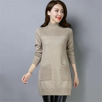 Внутренний свитер с полувысоким воротником Для женщин 2023, Новые Корейские Шерстяные зимние свитера средней длины, платье, пуловер, Вязаные базовые топы, Pull Femme