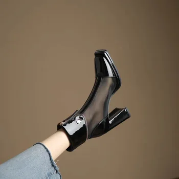 Модные туфли-лодочки из искусственной кожи на высоком каблуке С Квадратным Острым носком На Не Сужающемся книзу Массивном каблуке, Тонкие Сетчатые Однотонные Ботинки В готическом стиле, zapatos de mujer