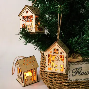 Веселого Рождества Светодиодный светильник для деревянного дома, украшения для Рождественской елки, Светящаяся мини-полая Светящаяся кабина, подсвечивающая подвеску для подвешивания на дереве